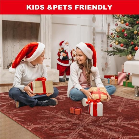 Snowflake Round Christmas Rug, Small Washable Round Rug 3ft Non-Slip, (Red) - Picture 2 of 6